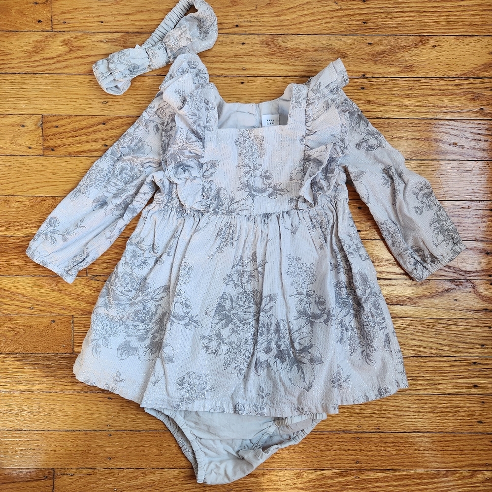 EUC baby GAP beautiful silver thread floral ruffle dress 12-18 months girl